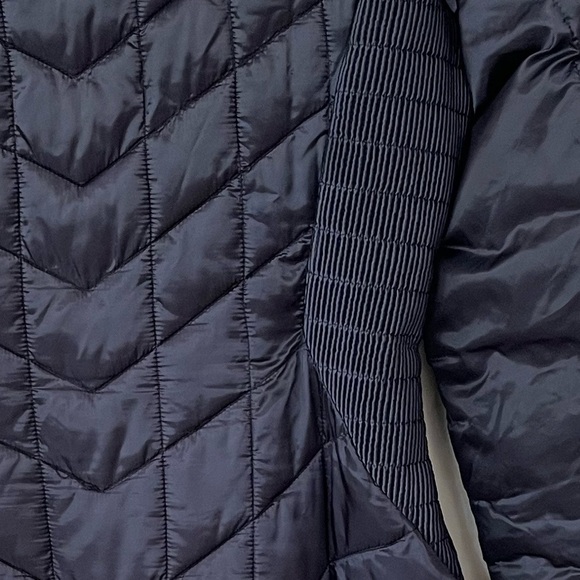 XOXO midnight blue long puffer quilted fitted hooded raincoat jacket sz Large - Picture 7 of 13